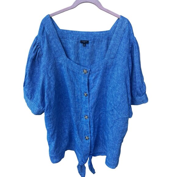 Womens‎ Talbots Plus Linen Chambray Blue Top Size 3X Button Front Puff Sleeves - Picture 1 of 6